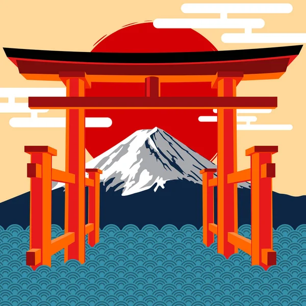 湖中的富士山和鸟井山是日本最受欢迎的旅游胜地 — 图库矢量图片