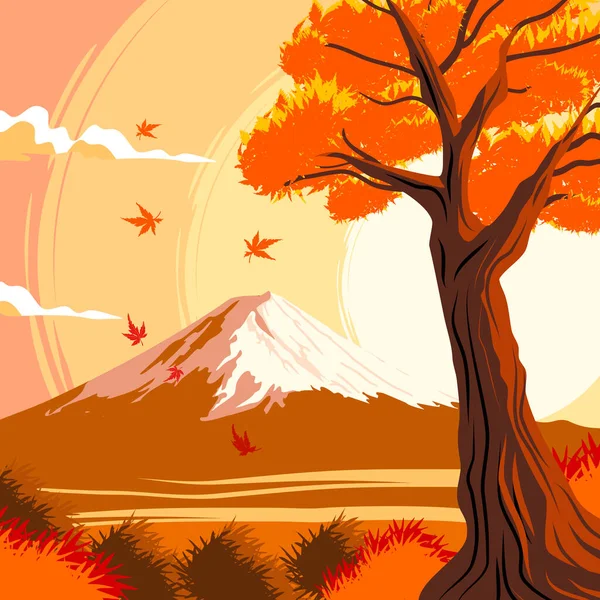 秋の富士山は 世界中の人々を魅了する息をのむような自然の驚異です この季節 象徴的な火山は活気に満ちた色と穏やかな美しさの魅惑的な風景に変わります — ストックベクタ