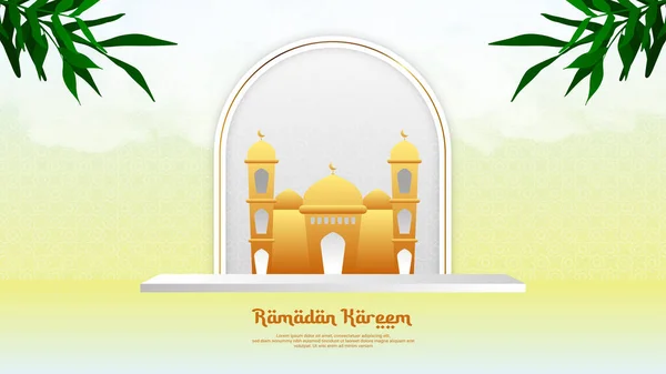 Ramadan Podium Achtergrond Blauw Bruin Met Podium Wolk Blad Moskee — Stockvector