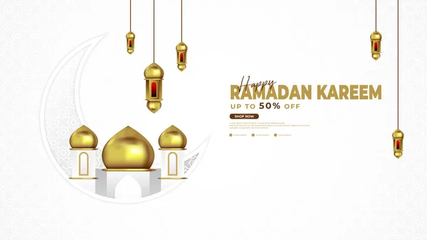 Ramadan Achtergrond Wit Goud Met Lantaarn Moskee Maan Elementen Geschikt — Stockvector