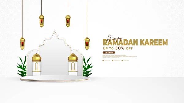 Ramadan Podium Achtergrond Wit Goud Met Lantaarn Blad Moskee Podium — Stockvector
