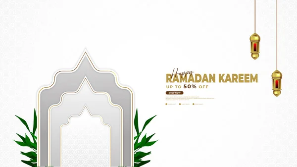 Fondo Del Ramadán Blanco Dorado Con Elementos Linterna Hoja Adecuado — Vector de stock