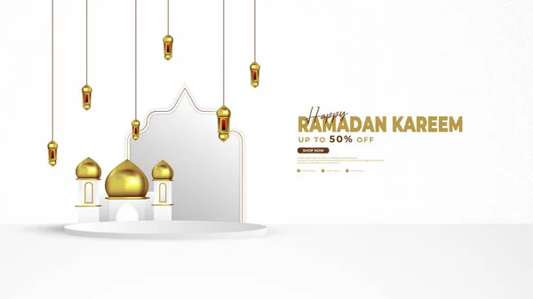 Ramadan Podium Achtergrond Wit Goud Met Lantaarn Moskee Podium Elementen — Stockvector