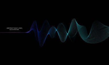 Siyah arkaplanda izole edilmiş, teknoloji, iletişim, bilim, müzik ve diğerleri için uygun, dinamik dalgalı soyut ışık çizgileri