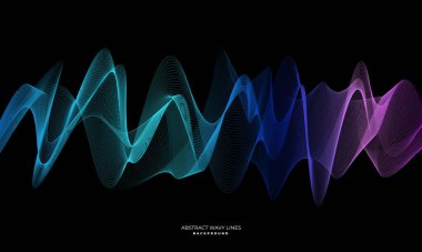 Siyah arkaplanda izole edilmiş, teknoloji, iletişim, bilim, müzik ve diğerleri için uygun, dinamik dalgalı soyut ışık çizgileri
