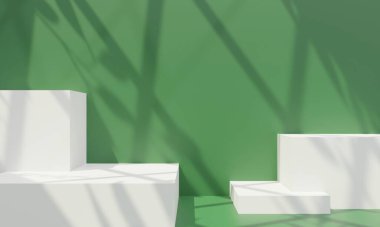 Pastel yeşil arka planda 3 boyutlu kaide podyumu. Egzotik doğal yaprak gölgeli güzellik kozmetik ürün tanıtım sergisi. 3B resimleme
