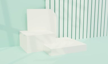 Pastel mavi arka planda 3D kaide podyumu. Egzotik doğal yaprak gölgeli güzellik kozmetik ürün tanıtım sergisi. 3B resimleme