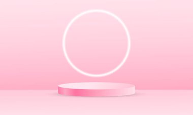 Ürünün tanıtımı için pastel pembe podyum ve neon ışıklı elementler