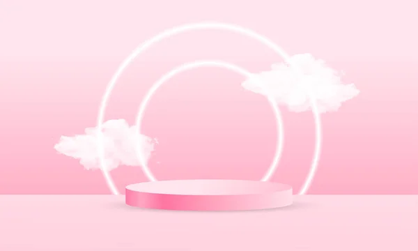 Pastellrosa Podium Für Produktwerbung Mit Wolke Neonlicht Und Elementen — Stockvektor