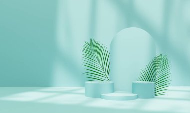 Palmiye yaprağı elementleri, gölge ve doğal güneş ışığıyla sunum için pastel mavisi podyum