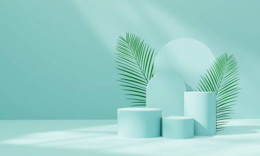 Palmiye yaprağı elementleri, gölge ve doğal güneş ışığıyla sunum için pastel mavisi podyum