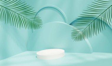 Beyaz podyum, palmiye yaprakları ve güneş ışığı elementleriyle mavi zemin üzerinde, üç boyutlu resimleme