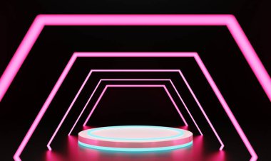 Neon ışıklı elementlere sahip podyum, ürün sunumu veya tanıtımı için mükemmel