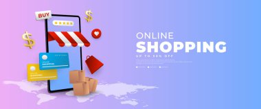 Cep telefonuyla online alışveriş afişi, e-ticaret promosyonları için uygun