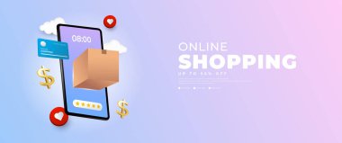 Cep telefonuyla online alışveriş afişi, e-ticaret promosyonları için uygun