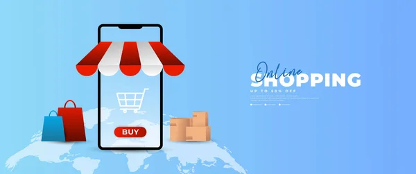 Cep Telefonuyla Online Alışveriş Afişi Ticaret Promosyonları Için Uygun — Stok Vektör