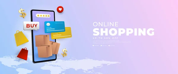 Banner Shopping Online Cellulare Adatto Promozioni Commerce — Vettoriale Stock