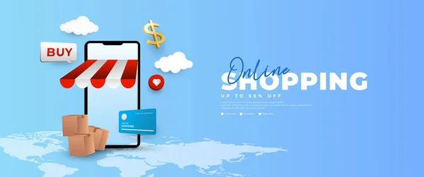 Baner Zakupowy Online Przez Telefon Komórkowy Odpowiedni Promocji Commerce — Wektor stockowy