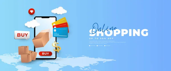 Baner Zakupowy Online Przez Telefon Komórkowy Odpowiedni Promocji Commerce — Wektor stockowy