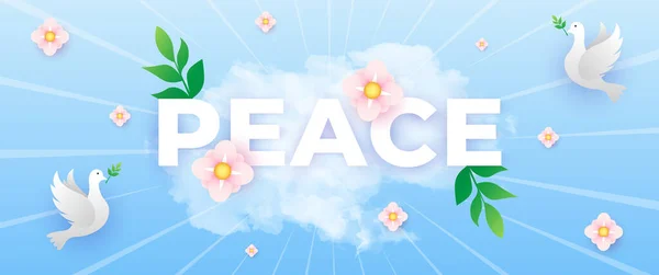 Міжнародний День Миру Блакитний Банер Голубом Листям Хмарними Елементами — стоковий вектор