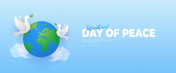 Międzynarodowy Dzień Pokoju Niebieski Sztandar Gołębiami Liśćmi Elementami Chmury — Wektor stockowy