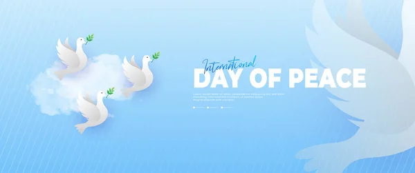 Międzynarodowy Dzień Pokoju Niebieski Sztandar Gołębiami Liśćmi Elementami Chmury — Wektor stockowy