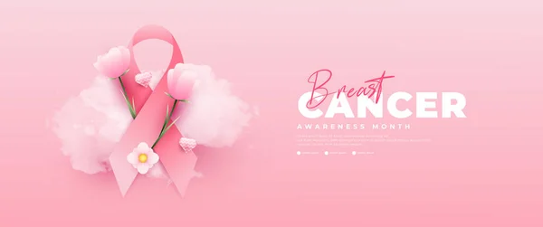 乳腺癌认知月横幅 带有粉色丝带 花朵和云彩元素 — 图库矢量图片