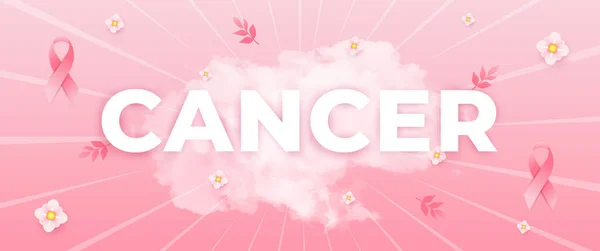Bröstcancer Medvetenhet Månad Banner Med Rosa Band Blomma Och Moln — Stock vektor