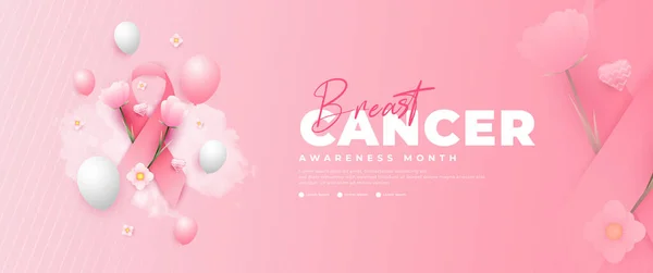Göğüs Kanseri Farkındalığı Pankartı Pembe Kurdele Çiçek Bulut Elementleriyle — Stok Vektör