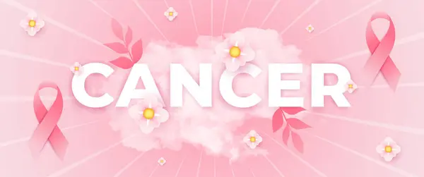 ブレストがん啓発月間バナー ピンクのリボン 花と雲の要素 — ストックベクタ