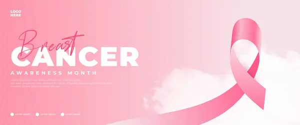 Göğüs Kanseri Farkındalığı Pankartı Pembe Kurdele Çiçek Bulut Elementleriyle — Stok Vektör