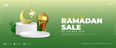 Kürsü, fener ve ay elementleriyle yeşil Ramazan bayrağı tasarımı