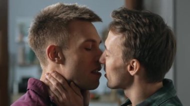 Homoseksüel erkek çiftin tutkulu öpüşmelerine yakın çekim. LGBT ilişki konsepti. Yüksek kalite 4K görüntü
