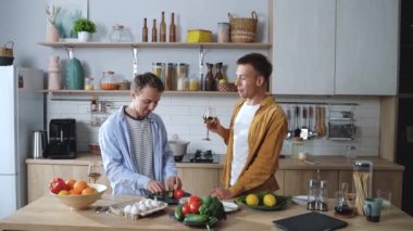 Zoom in boyfriends in love enjoying each other and making vegetarian dishes together. Young gay man making salad for his lovely partner. High quality 4K footage
