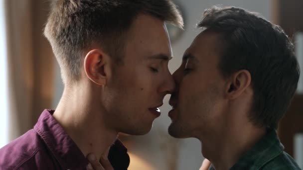 两个年轻男同性恋真正亲密的热吻镜头 年轻貌美的年轻漂亮的同性恋夫妇在家里消磨时间 男女同性恋 双性恋 变性者和变性者关系目标 — 图库视频影像