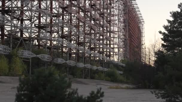 Ampla Vista Sistema Radar Duga Abandonado Pôr Sol Chernobyl Ucrânia — Vídeo de Stock