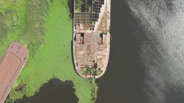Вид Повітря Затонулі Залишені Баржі Зеленій Річковій Воді Човном Пливе — стокове відео