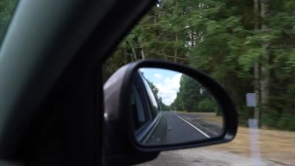 Заметьте Боковом Зеркале Автомобиля Пустую Дорогу Лесом Заднем Плане Путешествие — стоковое видео