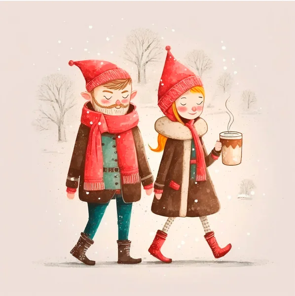 Illustration of a couple walking on a cold winter day. They are dressed in very warm clothes