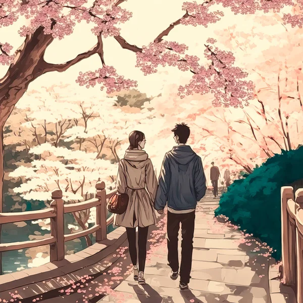 Japon bahçesinde yürüyen aşık bir çiftin tasviri. Bir sakura ağacı görebilirsin. Romantik Konsept