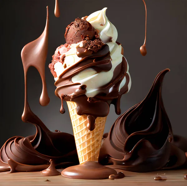 delicious chocolate ice cream to cool off in summer or winter. The bottom is sprinkled with drops of cream ice cream.