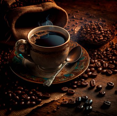 Still life with an antique coffee cup and coffee beans spread on a wooden table.