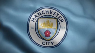 İngiliz futbol takımı Manchester City 'nin bayrağı. Kumaş desenli bayrak. Premier Lig