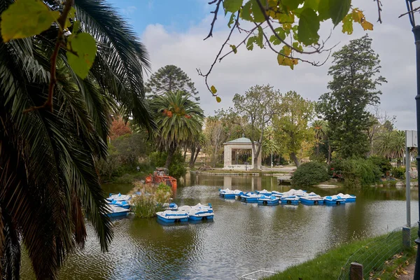 Montevideo Uruguay 'daki Rodo Park Gölü' nde park etmiş beyaz ve mavi botlar var..