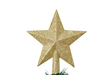 Altın renkli yıldız Noel ağacı işaretçisi olarak kullanılacak. Arkaplan beyaz.