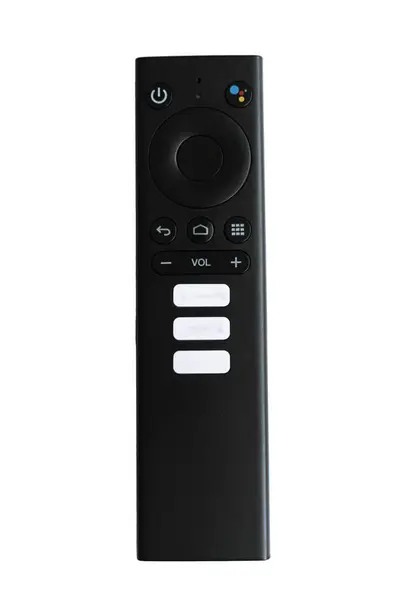 Canlı uygulamalar için ayrılmış düğmeleri olan akıllı TV uzaktan kumandası. Google asistanı için özel bir düğmesi var. Beyaz arkaplan