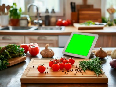 Mutfakta tablet, tahta tahta tahta ve sağlıklı vejetaryen yemekleri var..
