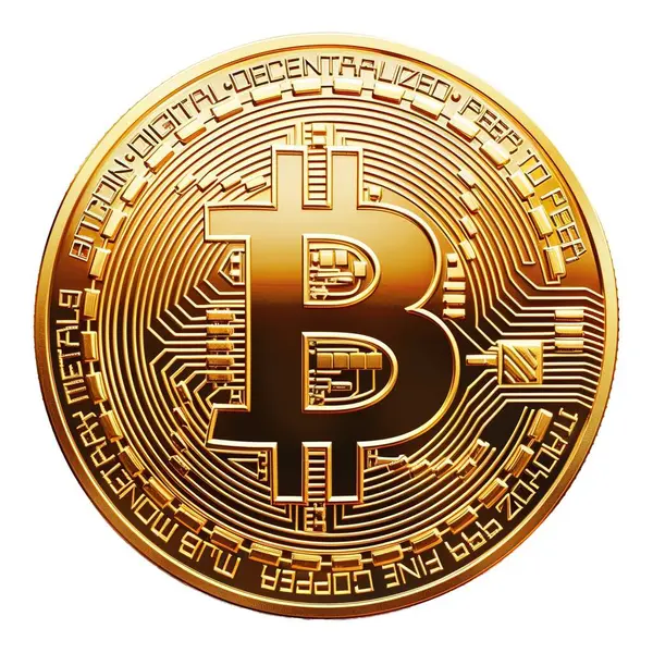 Beyaz veya nötr arkaplan üzerine Bitcoin altın sikke, blok dijital ekonomi, ticaret dijital iş