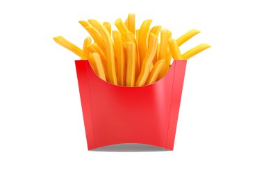 Patates kızartması Kırmızı paket içinde patates cipsi. Atıştırmalıklar hazır. beyaz arkaplanda izole edilmiş karton paketleme.