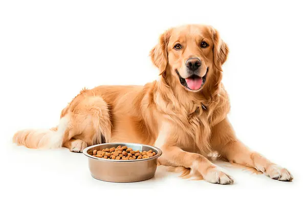 Golden retriever köpeği önünde bir kase köpek mamasıyla yerde yatıyor. Sahne beyaz arka planda geçiyor, köpeği ve yemek kasesini vurguluyor..